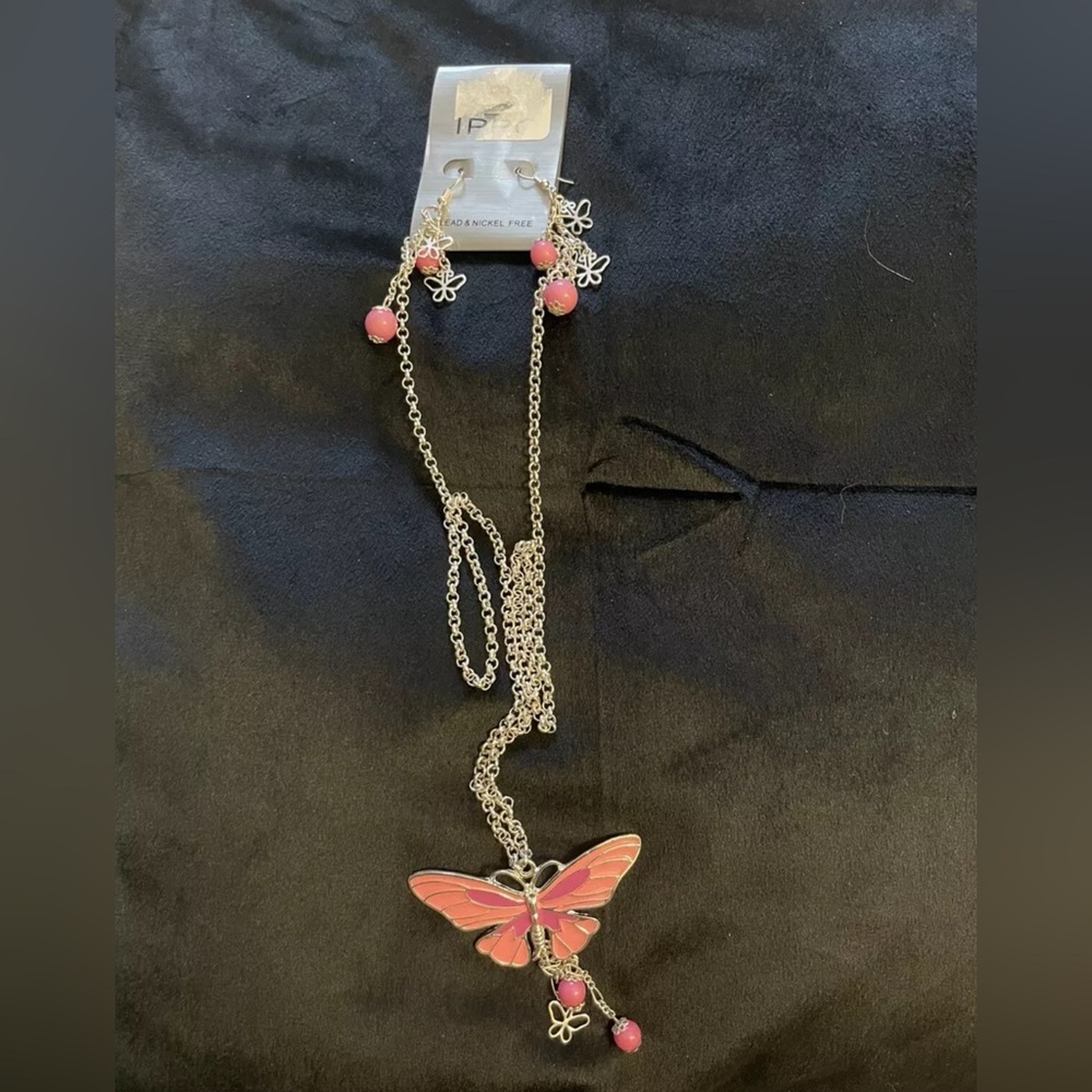 IPPO pink silver tone long butterfly necklace and earrings 2 pc set NWT NEW